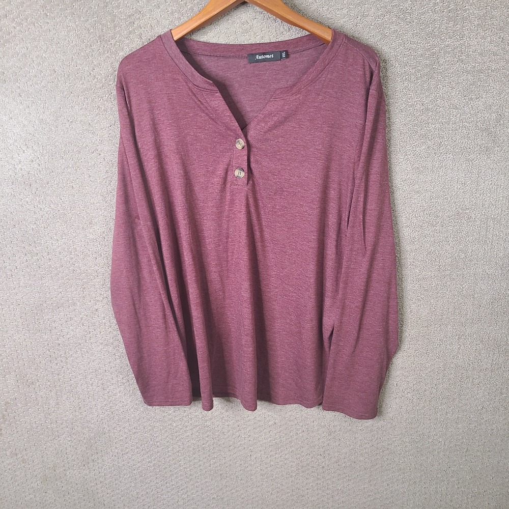 Automet Shirt Womens 2XL‎ Burgundy Henley Long Sleeve Polyester Rayon Casual